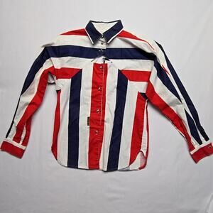 Vintage BANJO Striped Button-Up Shirt Red White Blue Small Western Long Sleeve